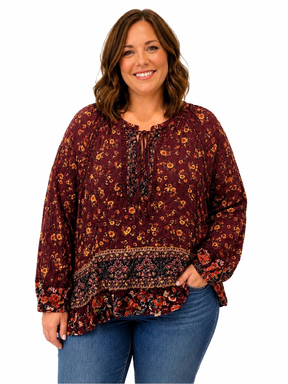 Knox Rose Burgundy Floral Peasant Blouse